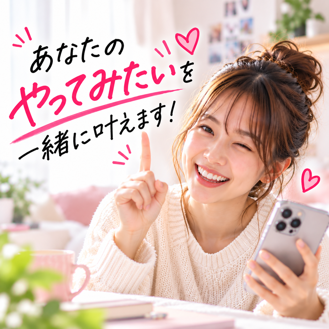 あなたのやってみたいを一緒に叶えます!と書かれた、スマホを持つ女性の画像