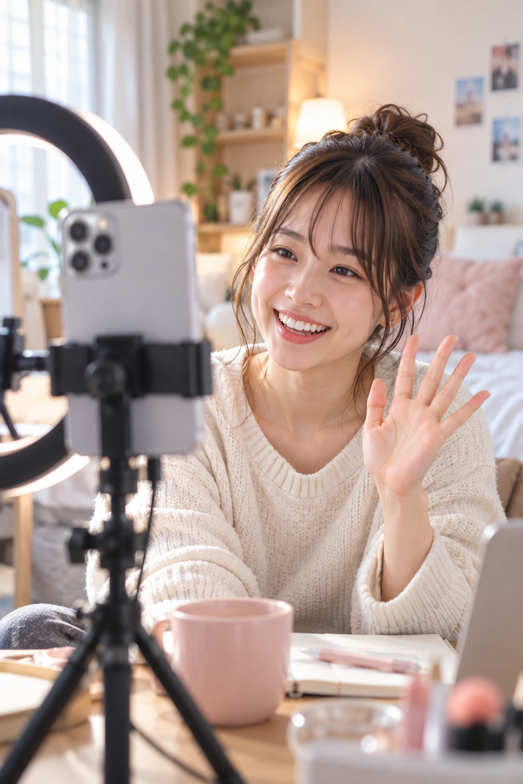 スマホに向かって手を振りながらLIVE配信する女性