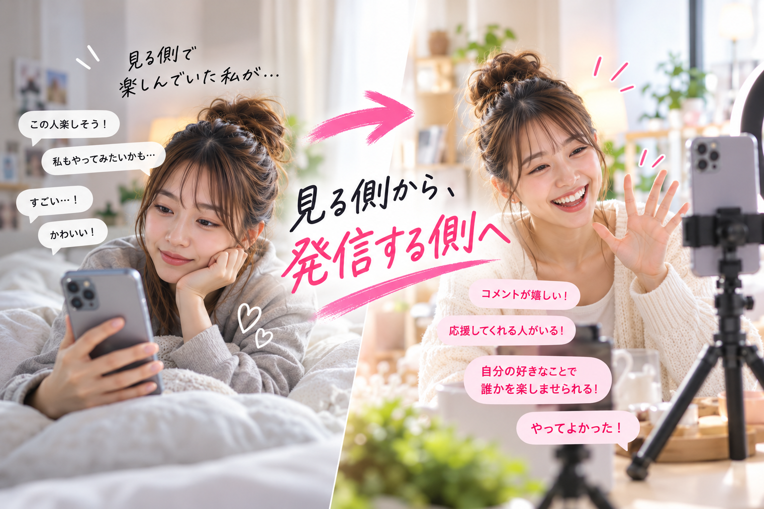 見る側から、発信する側へ。スマホで配信を見る女性と配信する女性